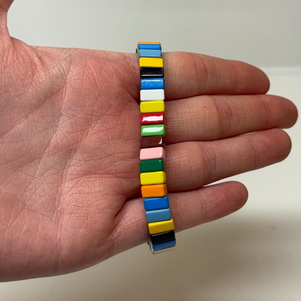Multicolor Tile Bead Stretch Bracelet Rainbow Enamel Geometric Elasticated